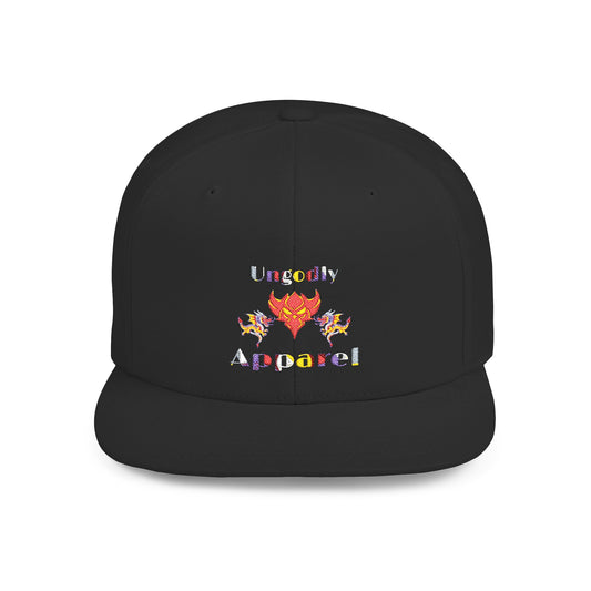 Flat Bill Snapback Hat — Colorful Flame Logo "Ungodly Apparel" Streetwear Cap
