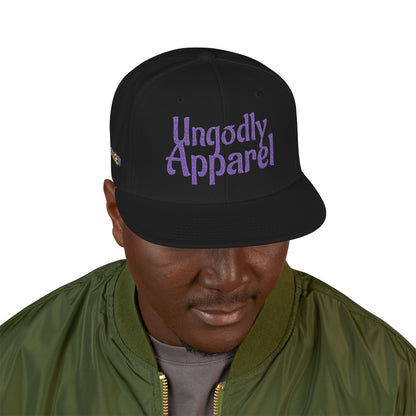 Embroidered Snapback Hat — 'Ungodly Apparel' Purple Script