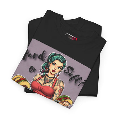 "Hard or Soft Tacos" Retro Graphic Tee, Vintage Shirt, Casual Wear, Gift for Foodies, Comfy Summer Apparel, Pop Culture Fashion