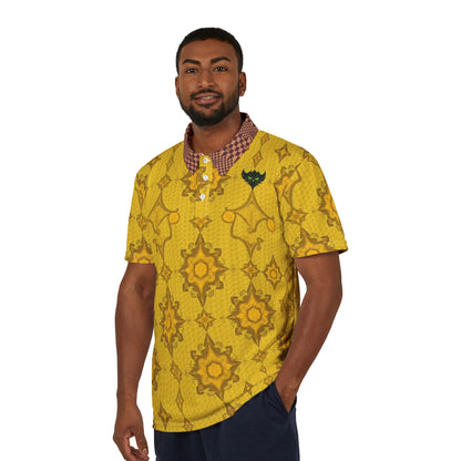 Gold Ikat Pattern Polo Shirt — Vintage Ethnic Print Short-Sleeve Polo