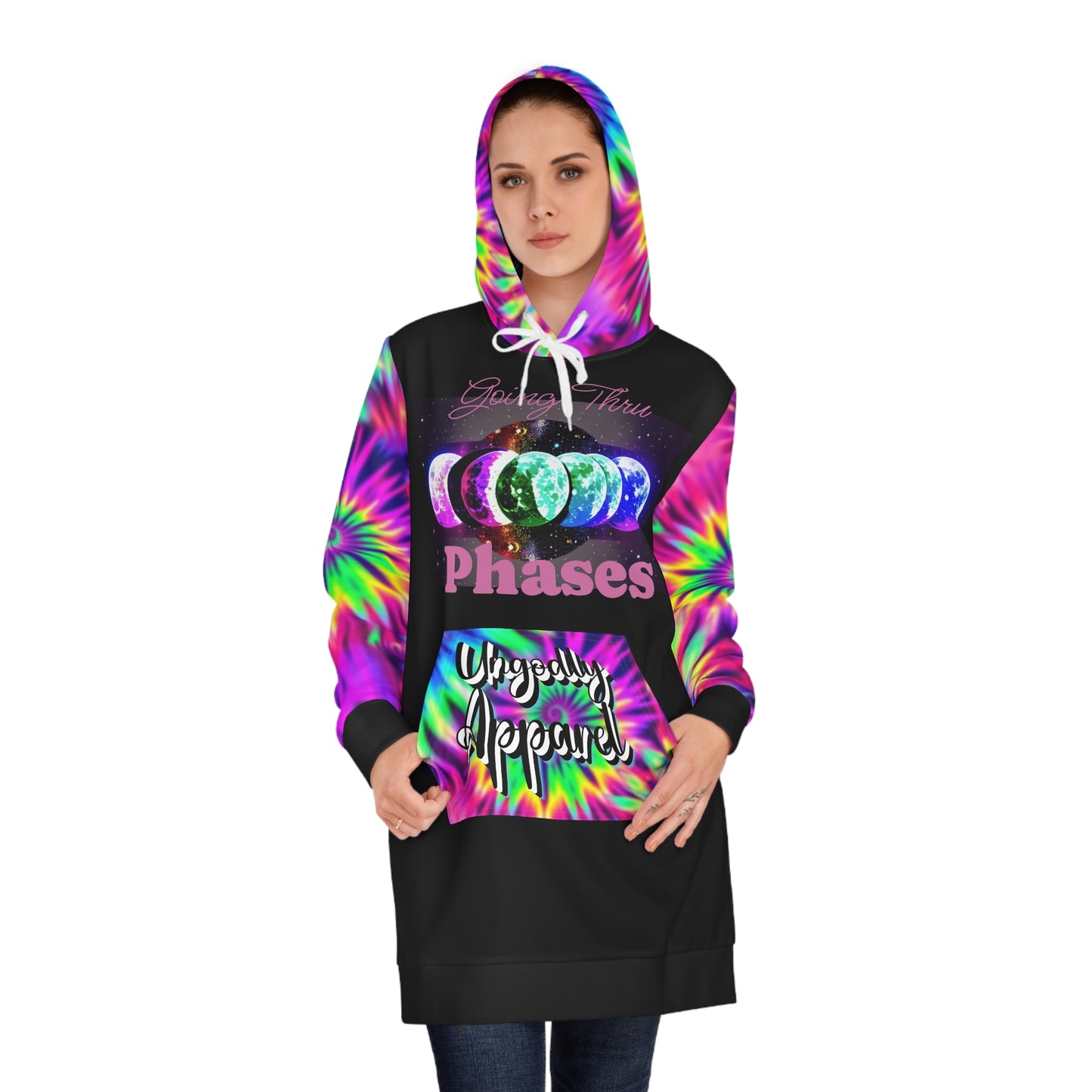 "Going Thru Phases" Colorful Tie-Dye Women's Hoodie Dress | Celestial Phases, Perfect for Festivals, Casual Wear, Gift for Her, Boho Style