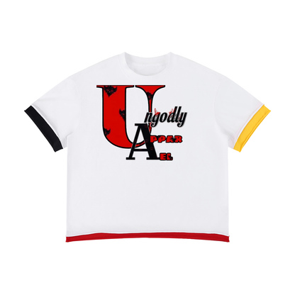 "Red and Black Ungodly Apparel" Unisex Boxy Color Block T-Shirt