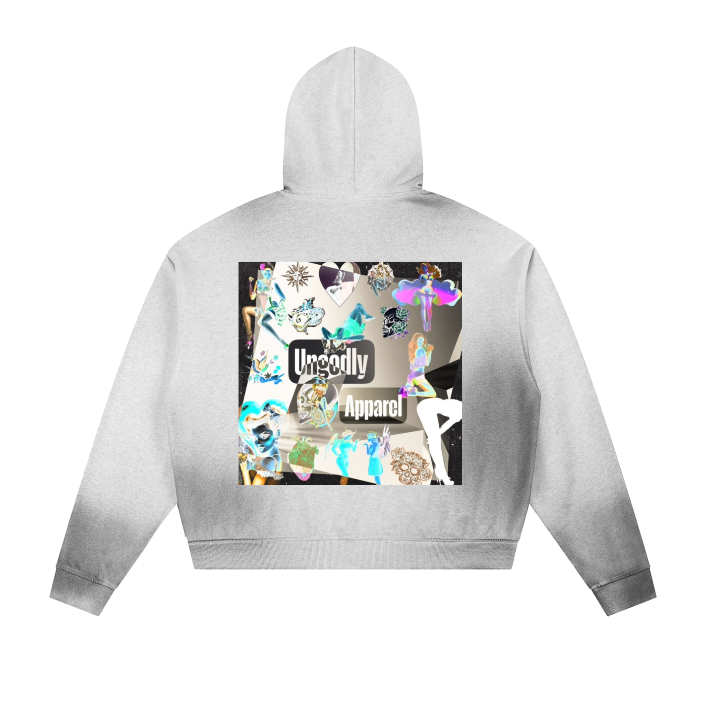 "Ungodly Pinup Collage" Sun Fade Frayed Raw Edge Fleece Zip Hoodie