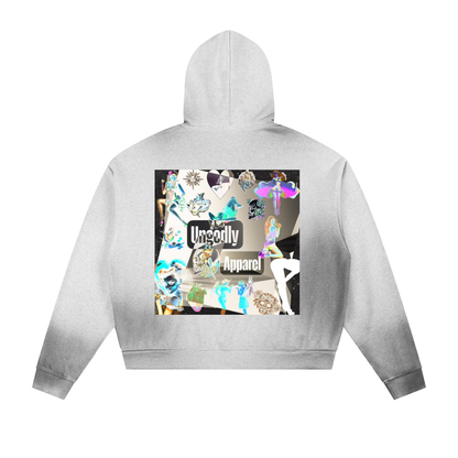 "Ungodly Pinup Collage" Sun Fade Frayed Raw Edge Fleece Zip Hoodie