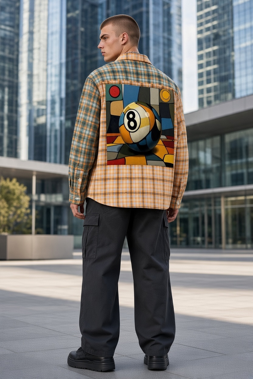 "8 ball Corner Pocket” Unisex Oversized Plaid Color Block Shirt