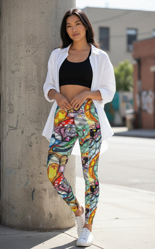 Abstract Colorwave Leggings — Women's Vibrant All-Over Print Yoga/Workout Leggings