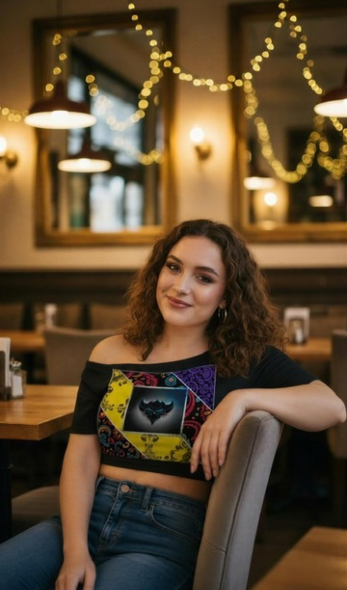 "Bandana Patchwork with Ungodly Apparel Logo" Off-Shoulder Rolled Hem Cotton T-Shirt