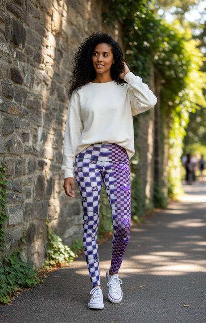 Ungodly Checkerboard Purple Rose Leggings — Women's Casual AOP Printed Leggings