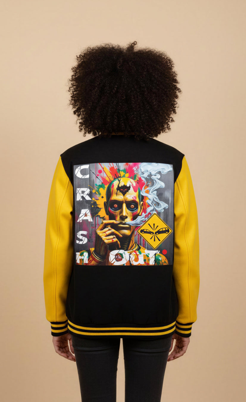 Letterman Jacket — ‘Crash Out’ Graphic Varsity Jacket with Neon Clown Design