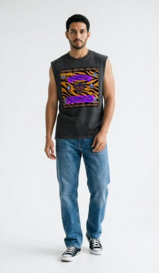 Snow Washed Frayed "Ungodly Tiger" Hem Tank Top