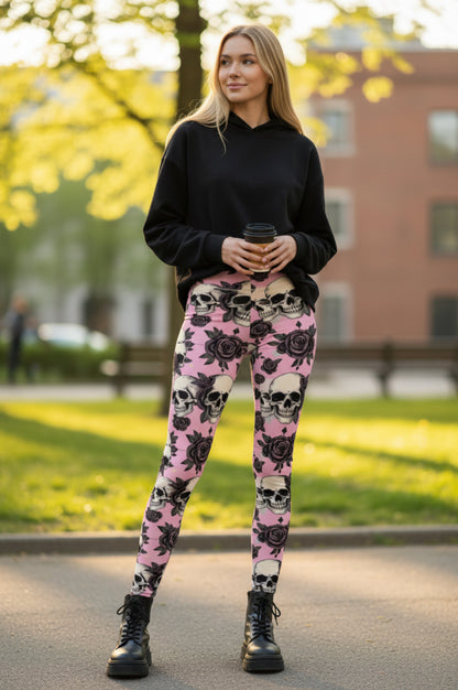 Pink Skull & Rose Leggings — Gothic Floral Women's Leggings