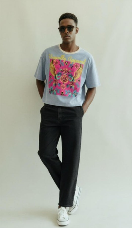 Angels Unisex Vintage Wash Boxy Raw Hem Denim T-Shirt