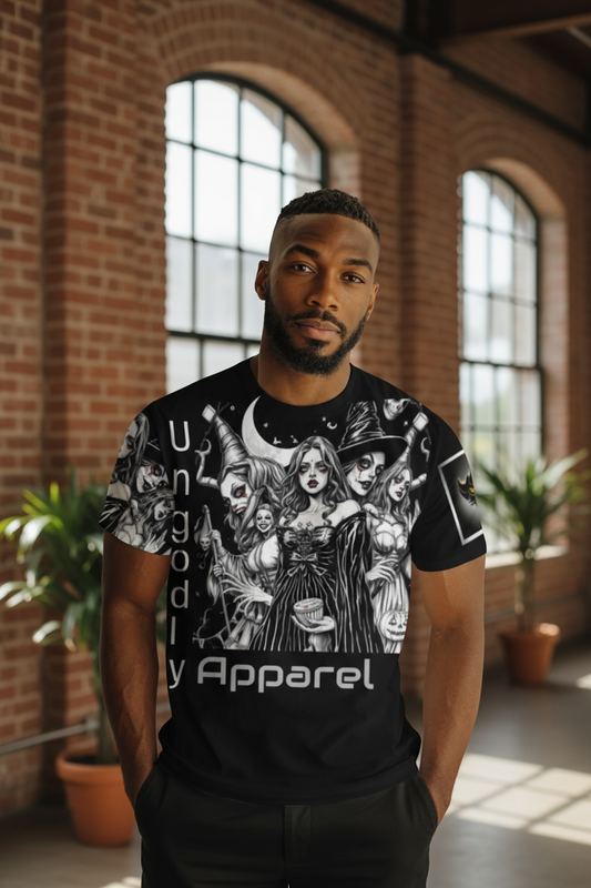 "Ungodly Apparel's: The Witching Hour" Men's Gothic Graphic T-Shirt, Casual Halloween Apparel, Unisex Loose Fit Shirt, Streetwear Gift for Horror Lovers, Spooky Season Clothing