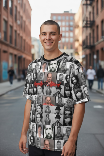 "True Crime" Stylish Men's AOP T-Shirt, Unique Graphic Tee, Casual Streetwear, Gift for Him, Vintage Mugshot Design