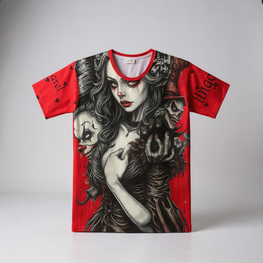 Female Wicked Clown, Gothic Graphic Tee - Unique Clown & Horror Design, Perfect for Halloween, Alternative Fashion, Casual Wear, Gift for Horror Fans