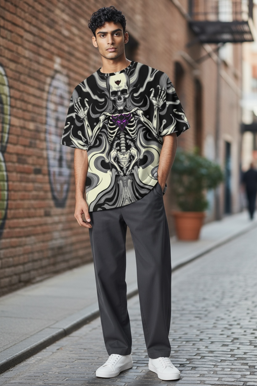 Gothic Skeleton Graphic Tee, Spooky T-Shirt for Halloween, Edgy Casual Wear, Perfect for Festivals, Unique Gift for Men