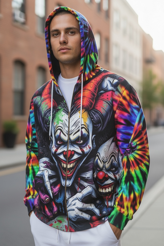 Unique Tie-Dye Clown Full-Zip Hoodie for Halloween, Festivals, Casual Wear, Cozy Gift, Statement Piece
