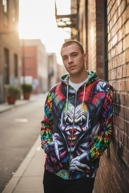 Unique Tie-Dye Clown Full-Zip Hoodie for Halloween, Festivals, Casual Wear, Cozy Gift, Statement Piece