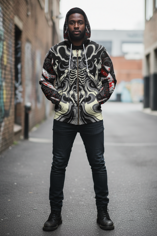 Gothic Skeleton Full-Zip Hoodie, Alternative Fashion, Unisex Outerwear, Halloween Costume, Unique Streetwear, Edgy Hooded Jacket