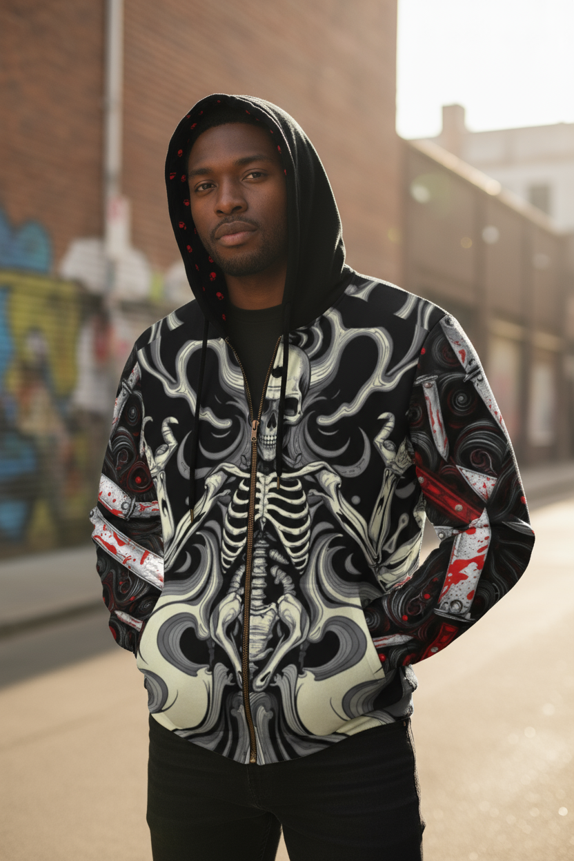 Gothic Skeleton Full-Zip Hoodie, Alternative Fashion, Unisex Outerwear, Halloween Costume, Unique Streetwear, Edgy Hooded Jacket
