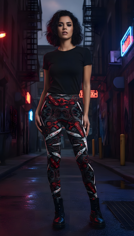 "Ungodly Knives" Gothic Print Leggings, Edgy Workout Pants, Halloween Activewear, Unique Fashion Tights, Trendy Casual Leggings