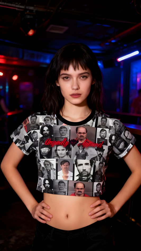 Unique Graphic Crop Tee with Bold Design, Stylish Casual Wear, Trendy Summer Top, Perfect for Festivals, Gifts for Crime Enthusiasts