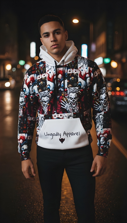 "Ungodly Wicked Clowns" Bold Artistic Athletic Hoodie, Unisex Streetwear, Unique Art Hoodie, Sporty Layering Piece, Festival & Casual Wear