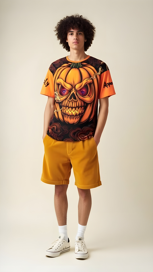Spooky Halloween Graphic Tee, Men's Loose T-shirt, Skull Pumpkin Shirt, Casual Halloween Apparel, Festival Shirt, Unique Gift Idea