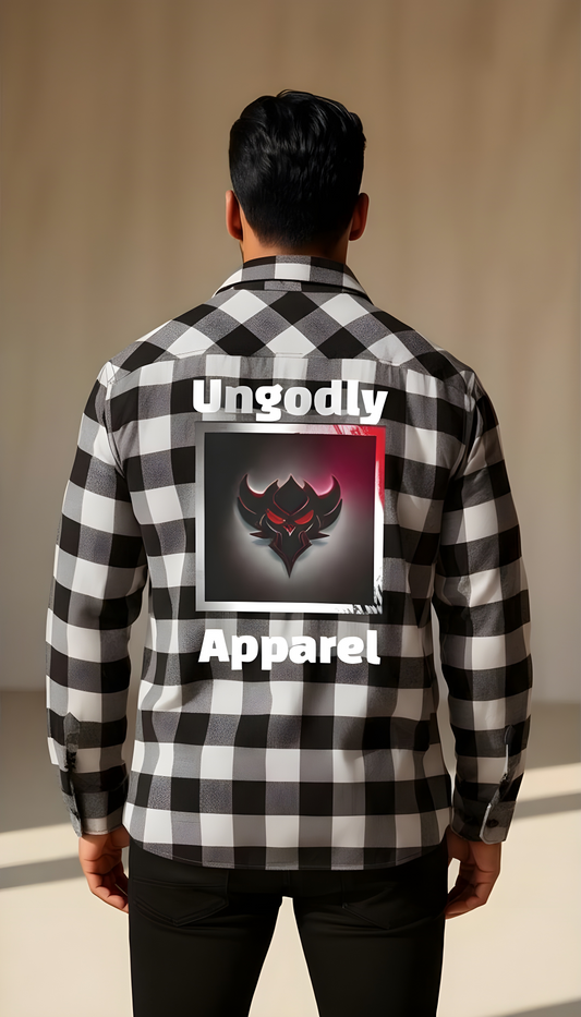 "Ungodly Apparel" Unisex Flannel Shirt, Cozy Layering Shirt, Casual Style, Outdoor Adventure Clothing, Graphic Design Shirt, Gift for Him/Her