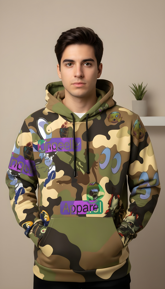 Camo Graphic Unisex Hoodie — Bold All-Over Print with 'Apparel' Accent