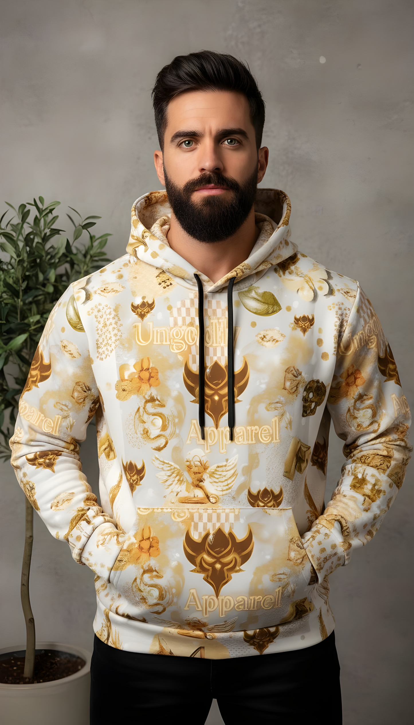"Ungodly Gold" Gold Skull Pattern Athletic Hoodie – All-Over Print Streetwear