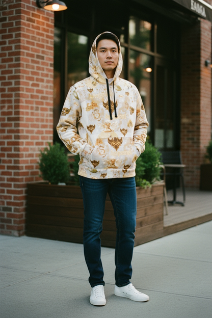 "Ungodly Gold" Gold Skull Pattern Athletic Hoodie – All-Over Print Streetwear