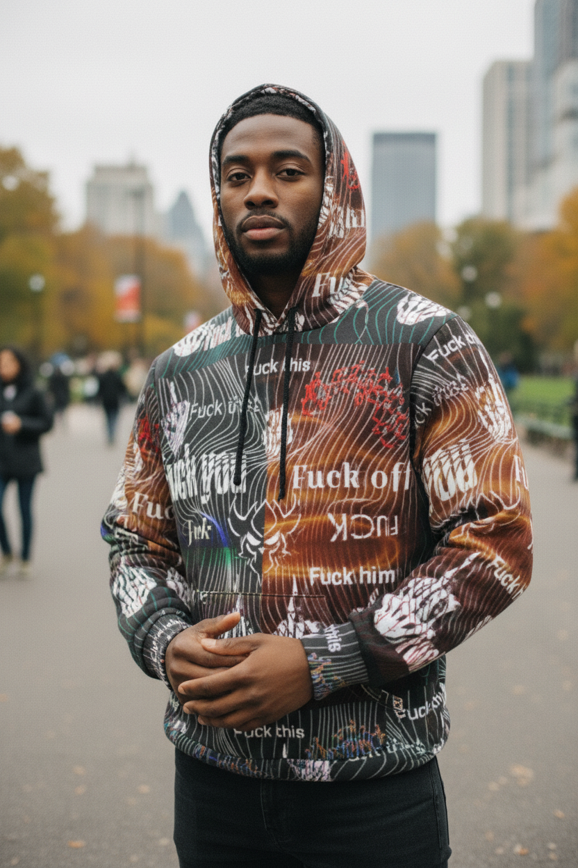 Graphic Hoodie — All-Over 'Fuck Off' Repeated Print