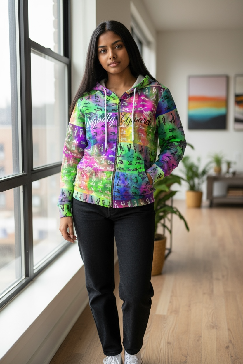 "Ungodly Positions: Kama Sutra" Colorful Women’s Full-Zip Hoodie - Ungodly Apparel