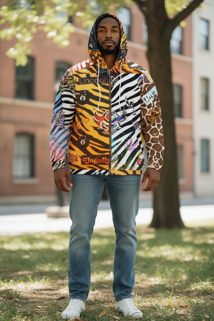 "Ungodly Zookeeper" Vibrant Animal Print Full-Zip Hoodie for Men