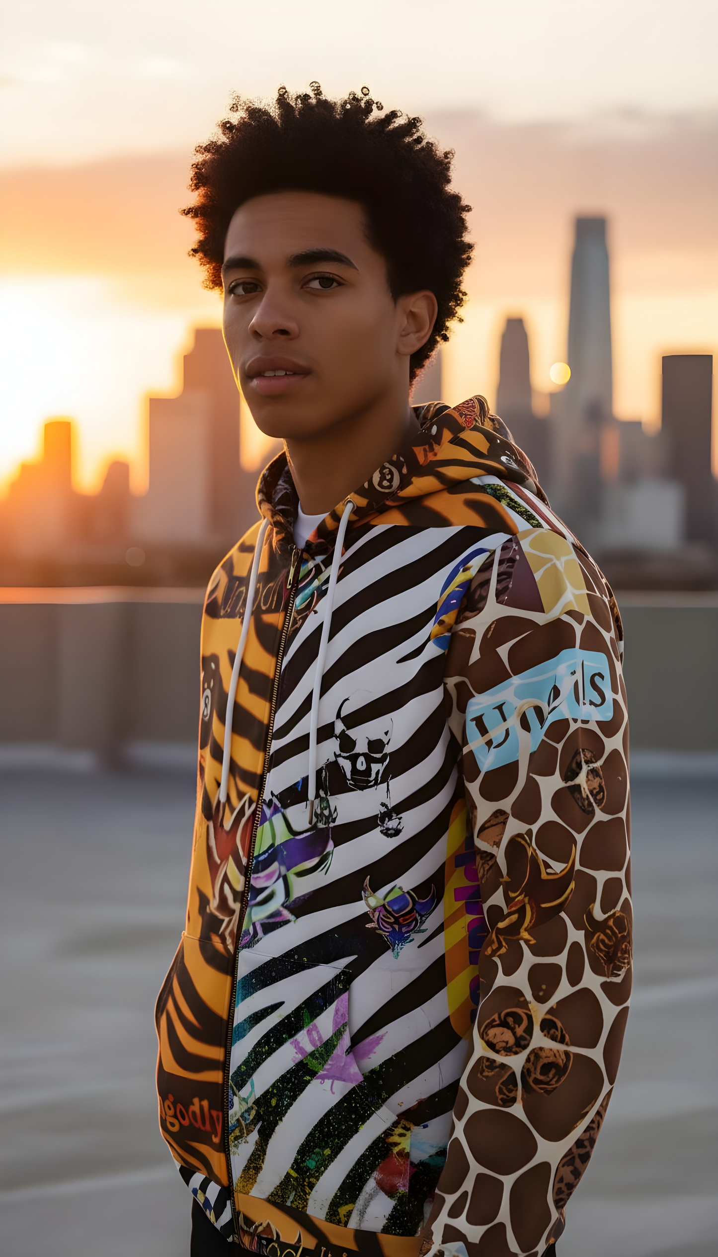"Ungodly Zookeeper" Vibrant Animal Print Full-Zip Hoodie for Men