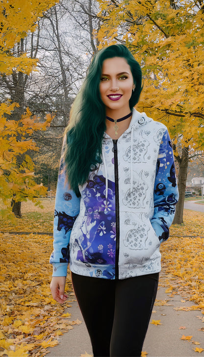 Blue Floral Snow Bunny Hoodie — Women's Full-Zip Zip-Up Jacket