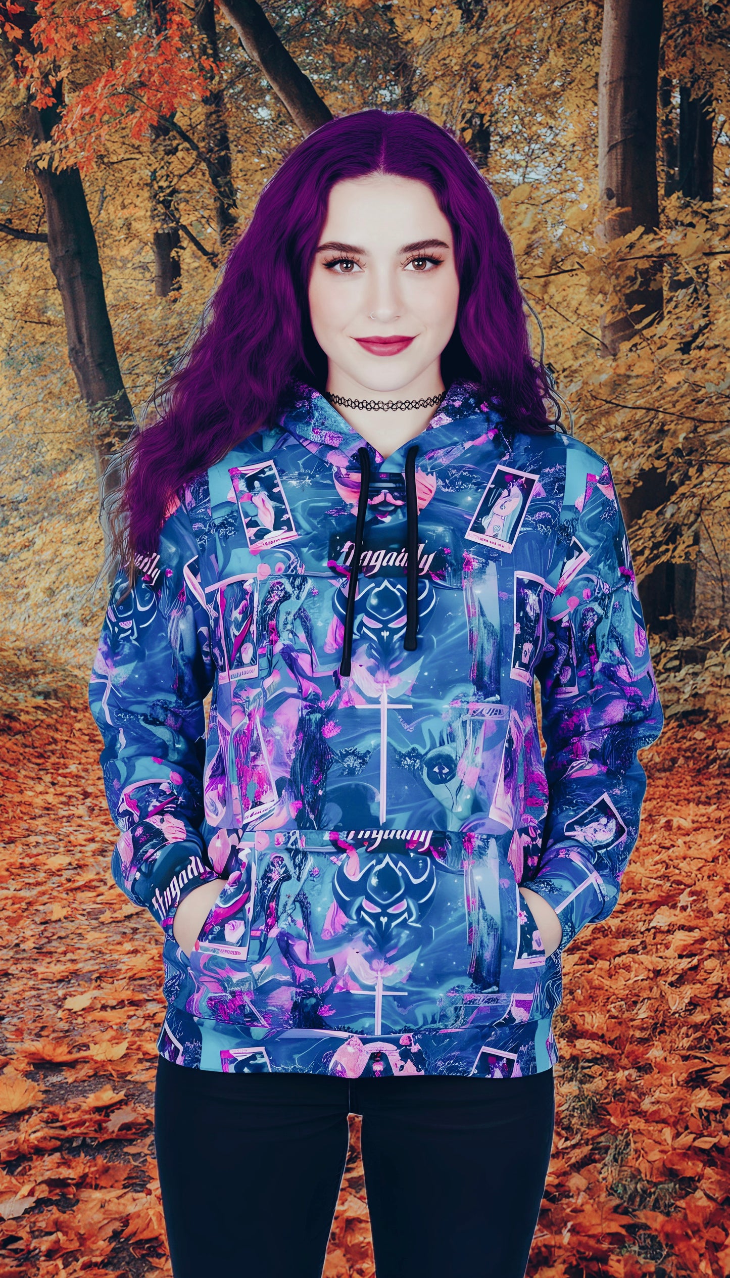 "Ungodly Tarot" All-Over Print Retro Collage Athletic Unisex Hoodie — Neon Purple & Teal Streetwear