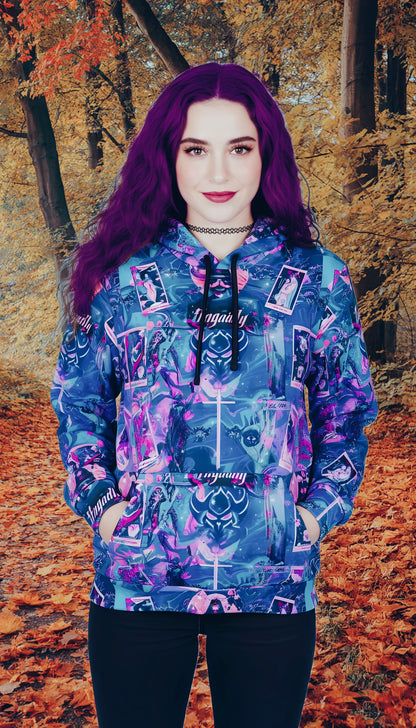 "Ungodly Tarot" All-Over Print Retro Collage Athletic Unisex Hoodie — Neon Purple & Teal Streetwear