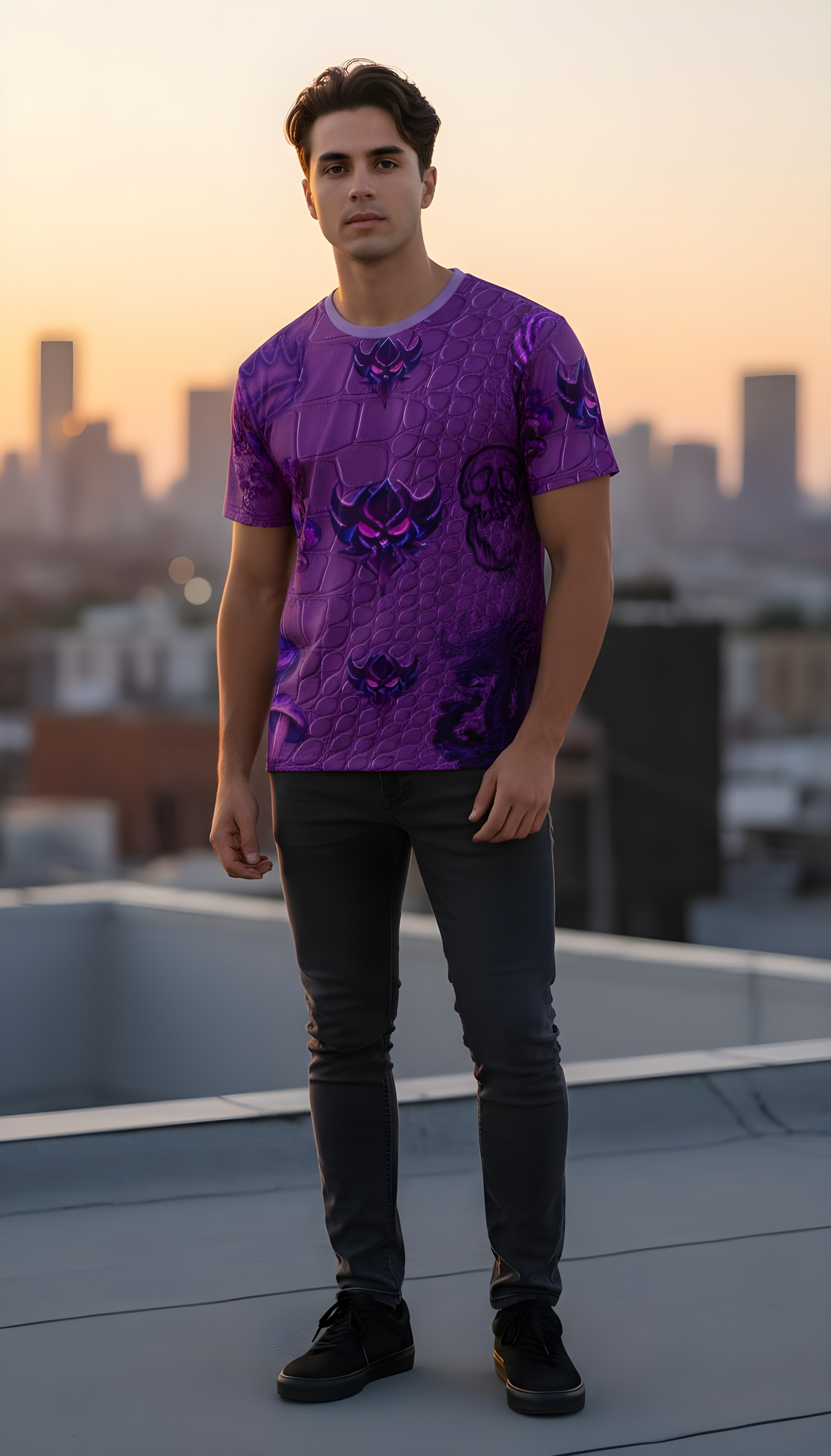 Purple Gothic Pattern All-Over Print Tee — Crowns, Skulls & Mushrooms