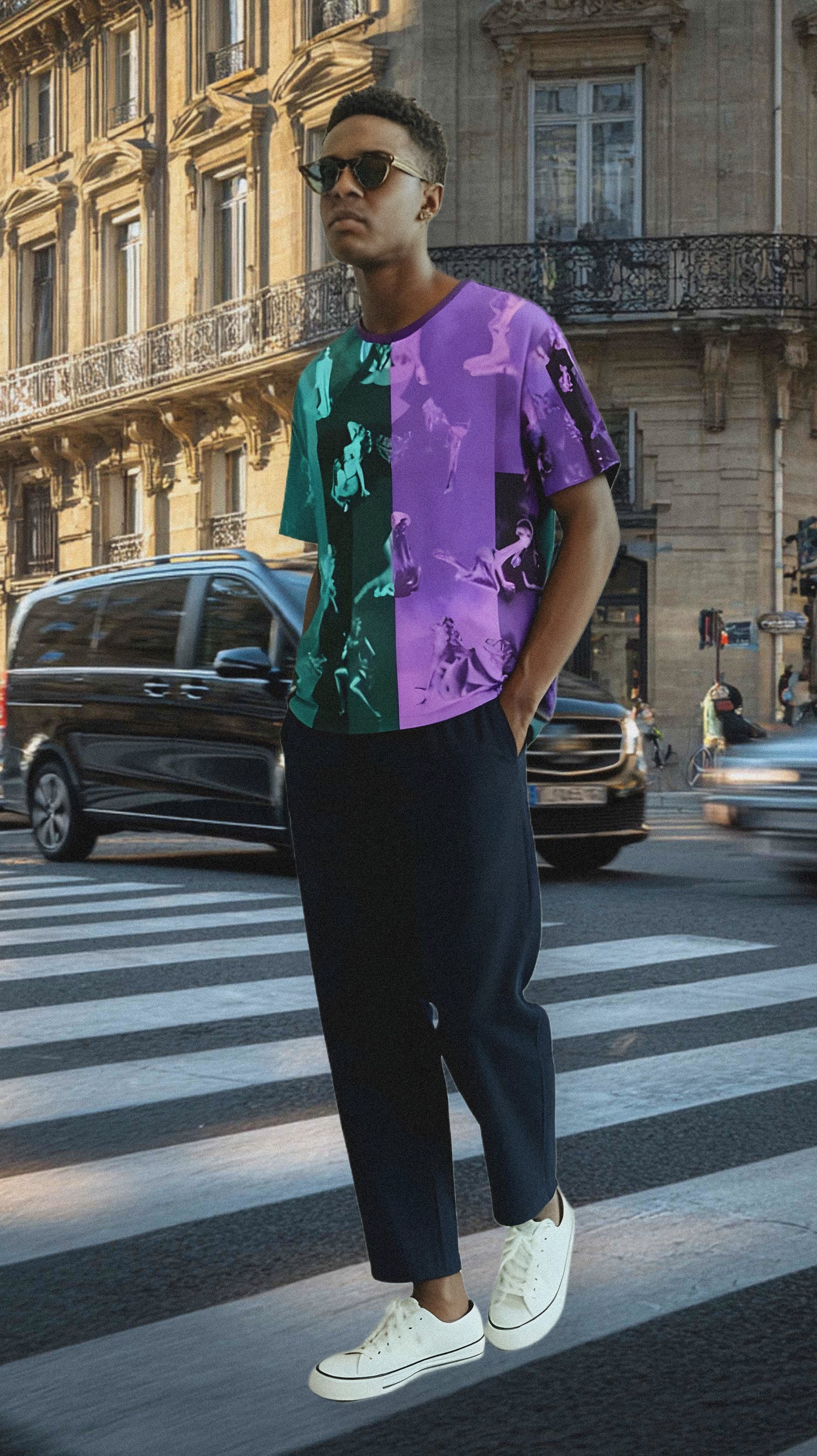 Retro Pin-Up Collage Men's Loose T-Shirt — Purple Teal All-Over Print