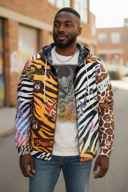 "Ungodly Zookeeper" Vibrant Animal Print Full-Zip Hoodie for Men