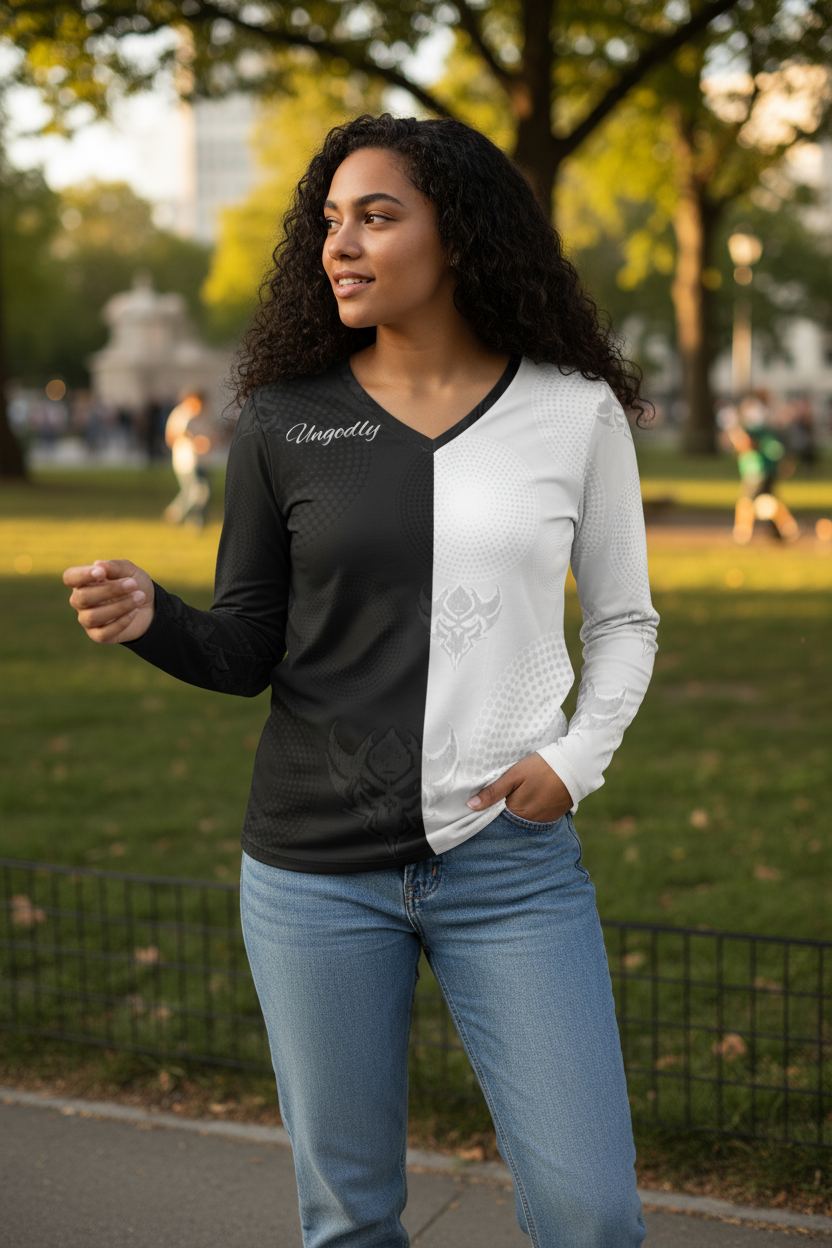 "Ungodly Apparel logo" Women's V-Neck Long Sleeve Shirt — Monochrome Gothic Split-Pattern Design