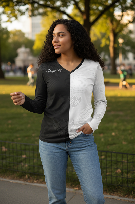 "Ungodly Apparel logo" Women's V-Neck Long Sleeve Shirt — Monochrome Gothic Split-Pattern Design