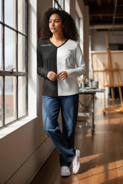 "Ungodly Apparel logo" Women's V-Neck Long Sleeve Shirt — Monochrome Gothic Split-Pattern Design