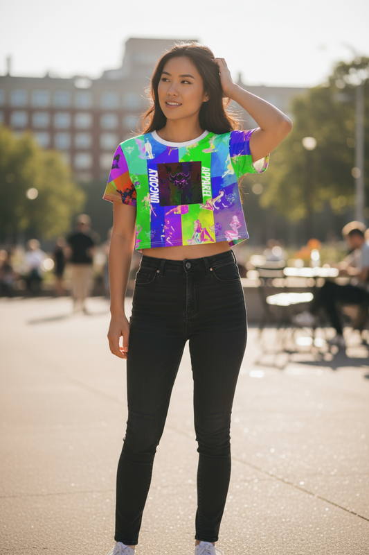 Neon Pop Pin-Up Crop Tee — Retro Dancer All-Over Print