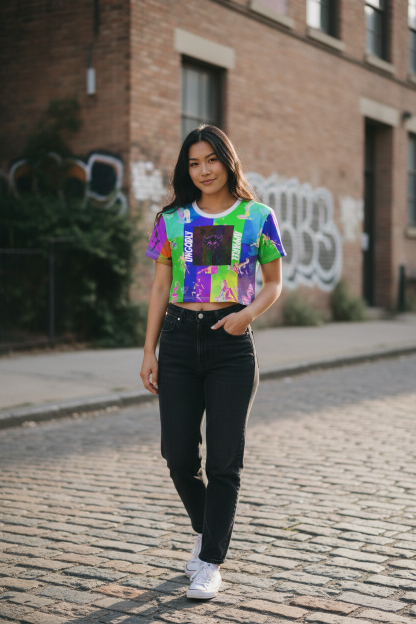 Neon Pop Pin-Up Crop Tee — Retro Dancer All-Over Print