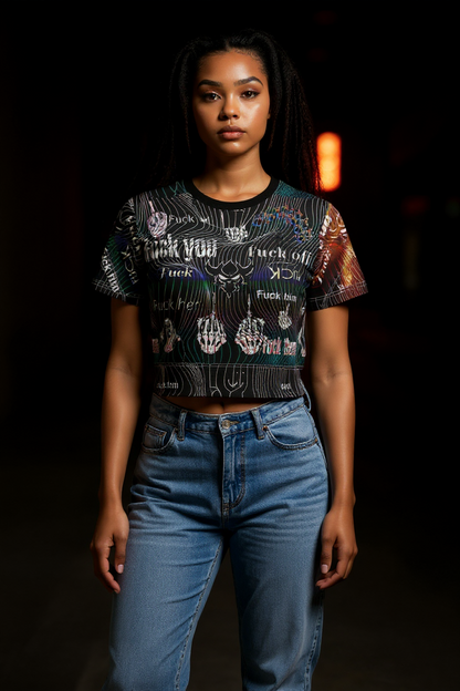 Edgy Graphic Crop Tee — All-Over Print "Fuck You / Fuck Off" Design