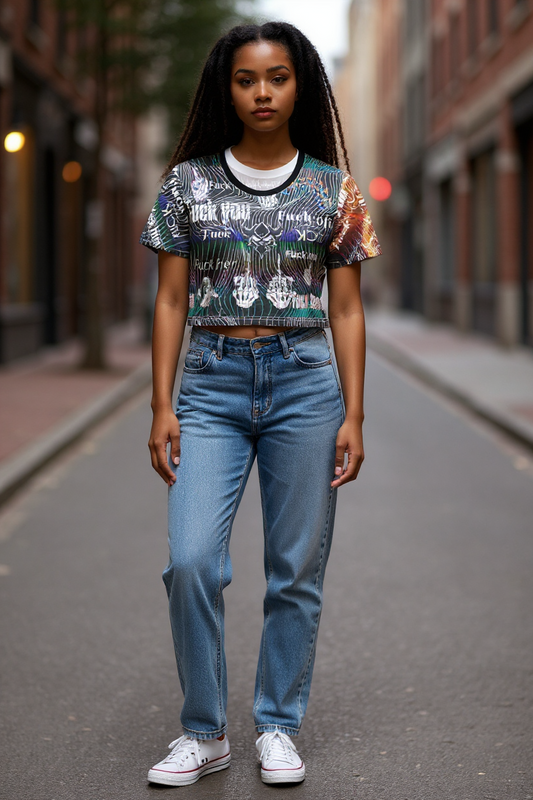 Edgy Graphic Crop Tee — All-Over Print "Fuck You / Fuck Off" Design