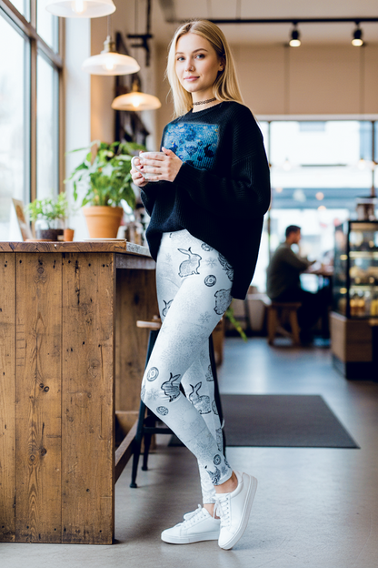 Snow Bunny Pattern Leggings — Women's Spring Floral & Bunny Printed Leggings